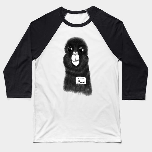 Funny Hand Drawn Llama in Black and White Baseball T-Shirt by BlackStrawberry